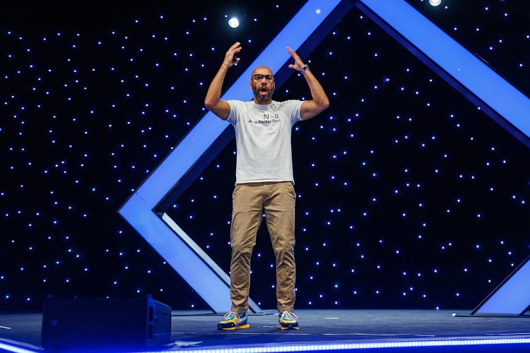 Andi Jarvis on stage at MozCon